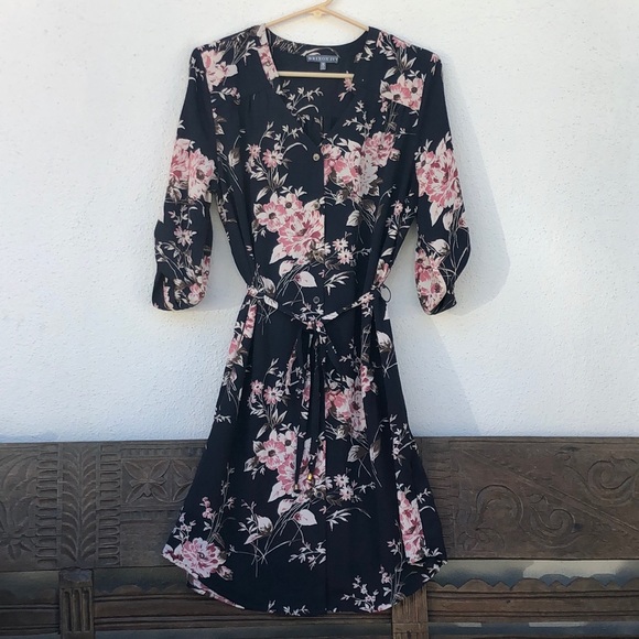 Brixon Ivy navy blue with pink floral print rollable sleeve shirt dress - Picture 1 of 8